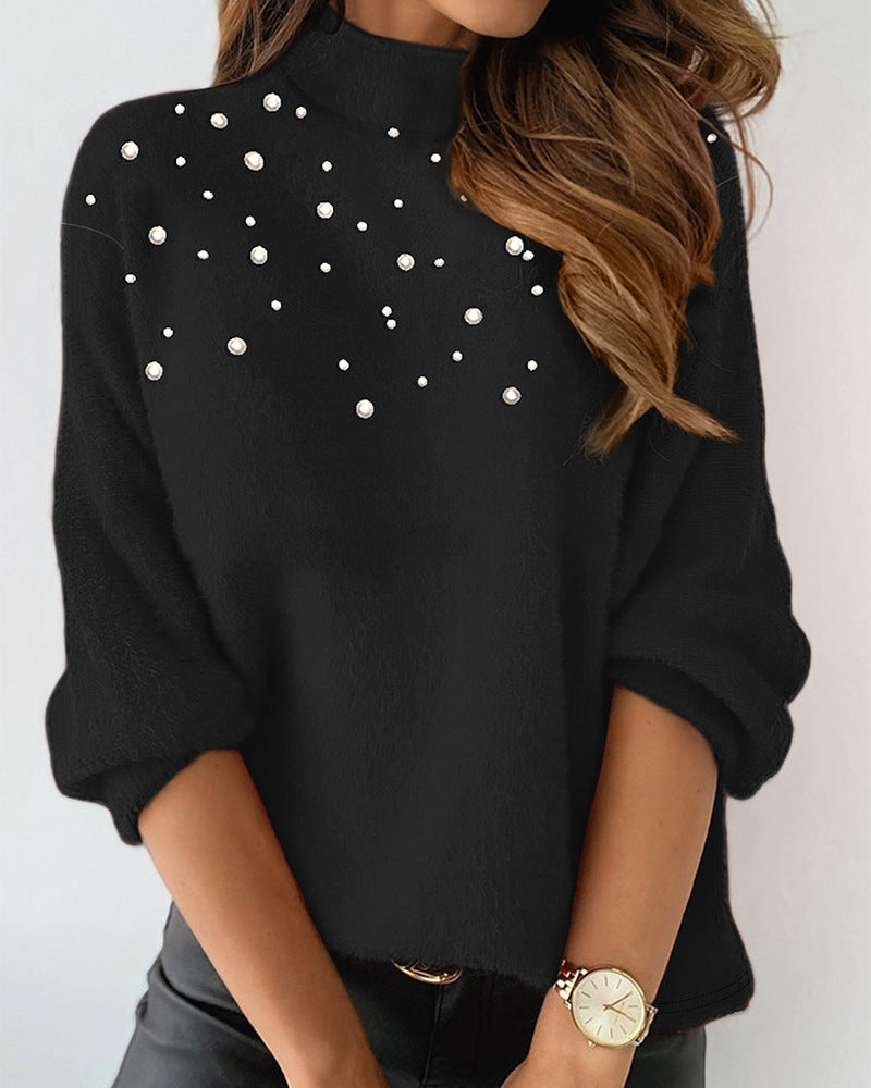 Women's Clothing Beaded Turtleneck Long-sleeved Top