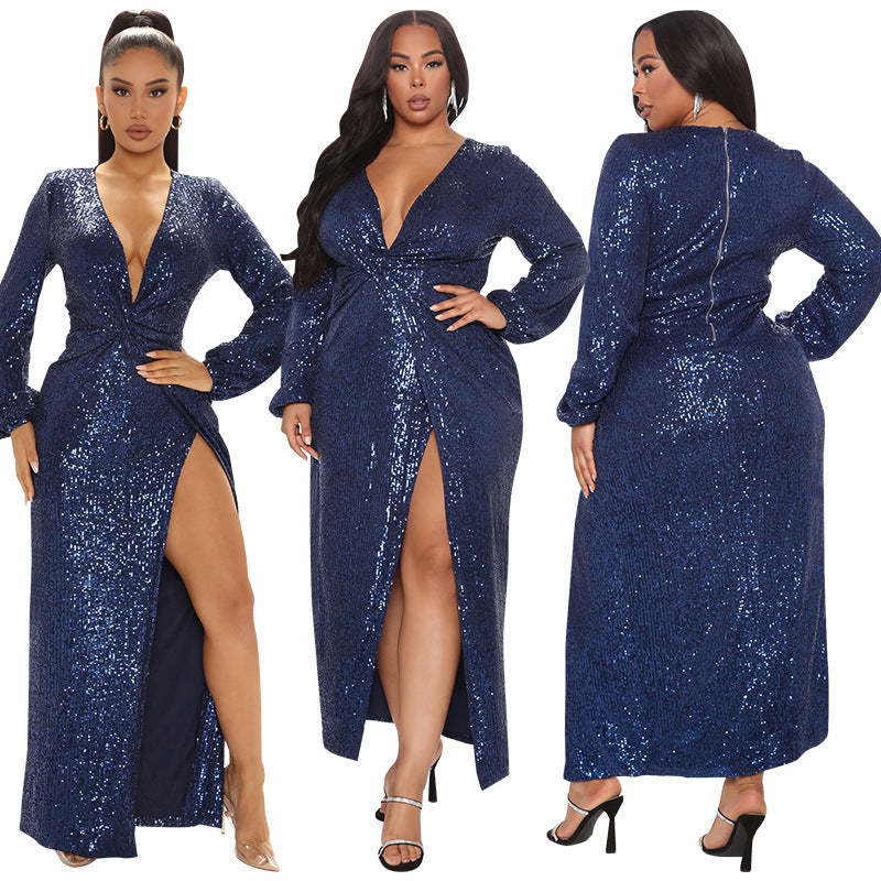 Spring New Embroidered Sequin Sexy Long Sleeve Dress