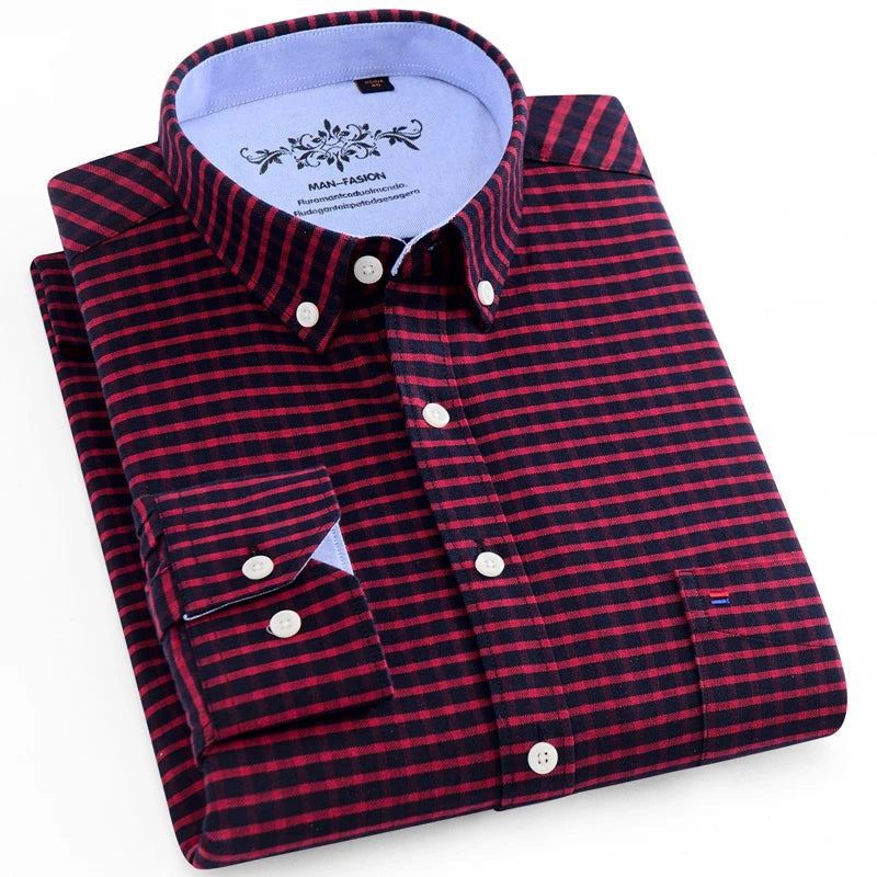 Men's Long Sleeve Oxford Plaid Striped Work Casual Shirt with Pocket, Spring Autumn  Cotton Blend Regular-fit Button-down Shirts