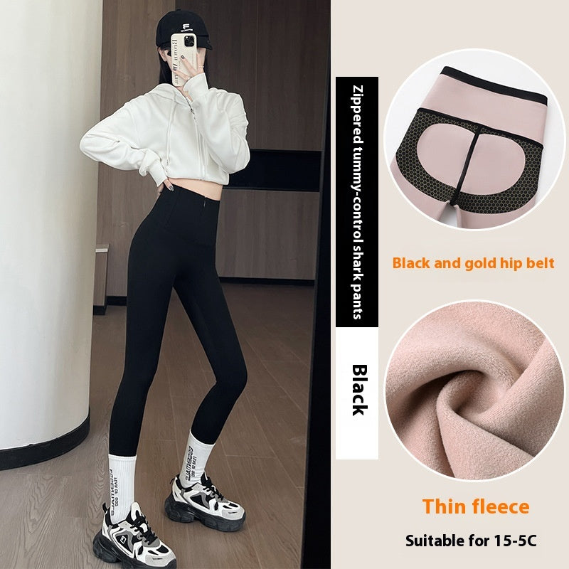 Belly-controlling Butt Lifting Leggings With Three-breasted Design Winter High Waist Slim Zippere Pants Warm Velvet And Thickened Trousers For Women