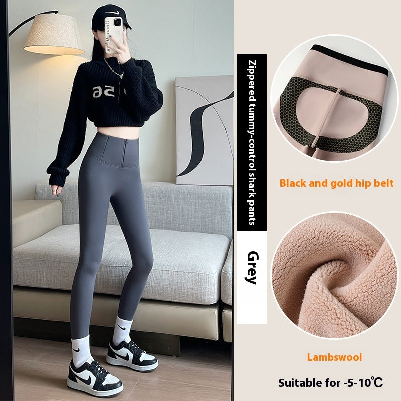 Belly-controlling Butt Lifting Leggings With Three-breasted Design Winter High Waist Slim Zippere Pants Warm Velvet And Thickened Trousers For Women