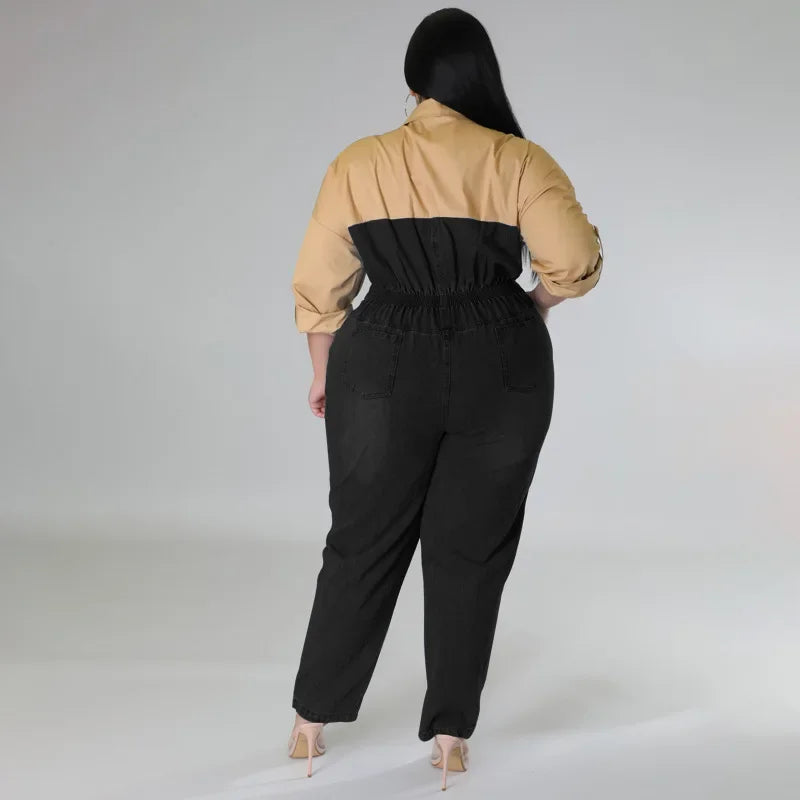 WUHE Patchwork Denim Jumpsuit Plus Size Women Long Sleeve Elegant Packets One Piece Overall Jeans Romper Casual Street Outfit