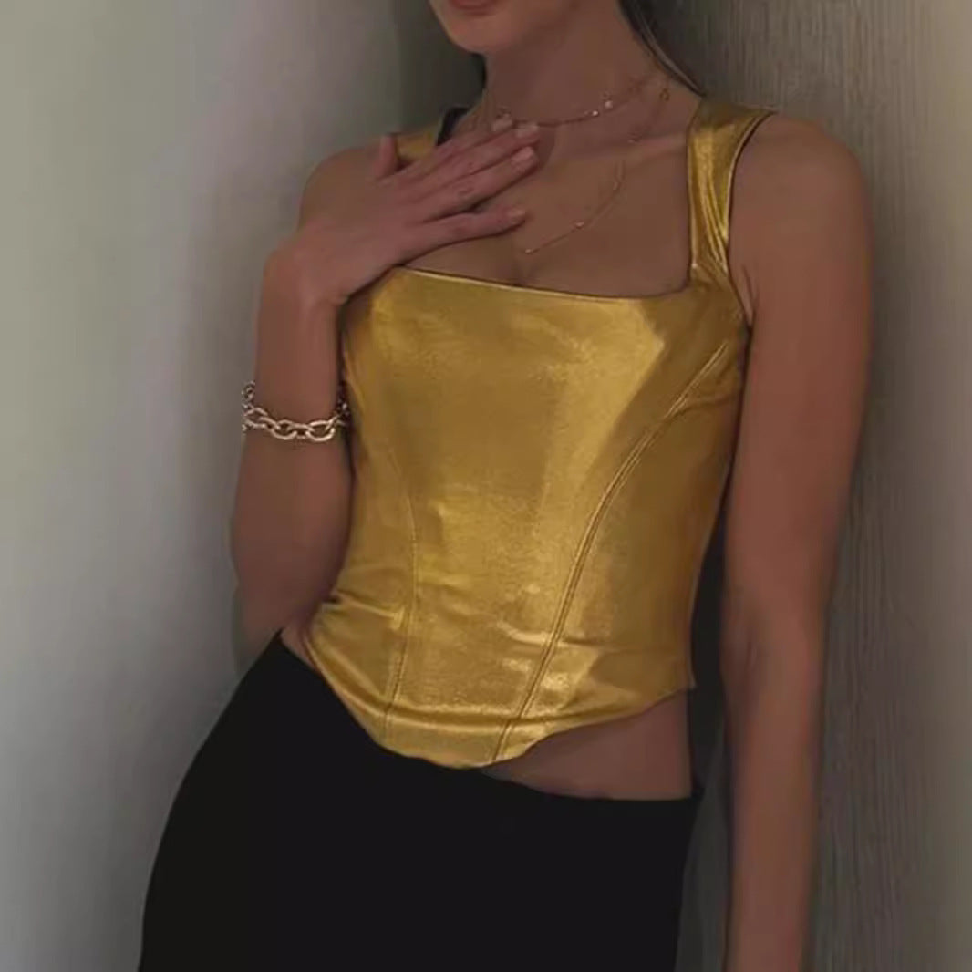 Women's Gold Spaghetti-strap Slim Fishbone Short Top