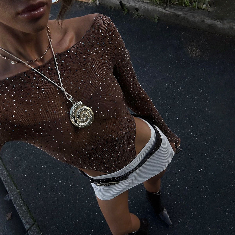 Jumpsuit Tight High Elastic Knitted Sheer Long Sleeve