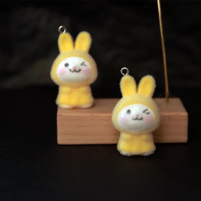 30Pcs 3D Kawaii Flocked Rabbit Charms Cartoon Animal Resin Pendant Earrings Keychains Accessories for DIY Crafts Jewelry Make