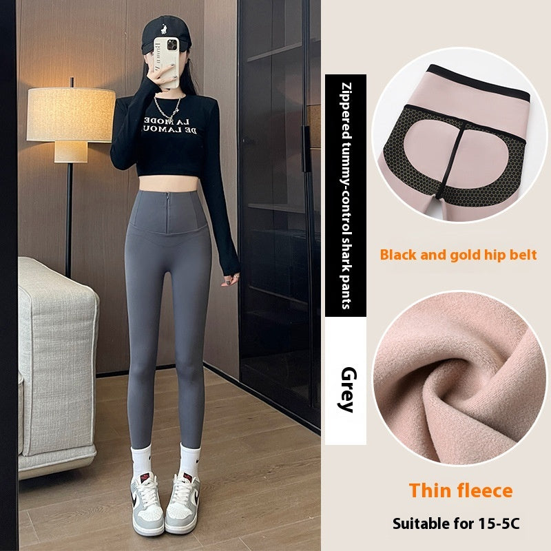 Belly-controlling Butt Lifting Leggings With Three-breasted Design Winter High Waist Slim Zippere Pants Warm Velvet And Thickened Trousers For Women