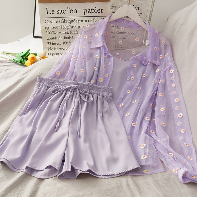 Summer Women Three Piece Sets Casual Linen Tops Shorts Ela