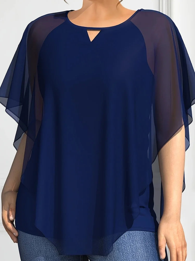 Plus Size Elegant Chiffon Crewneck Sequined Slit Sleeve Tops Office Lady Casual Vintage Summer T shirts for Women 2025 Tee Tops