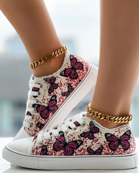 Hot Selling New 2025 Women's Butterfly Printed Eye Lace Up Sports and Leisure Round Toe Flat Shoes