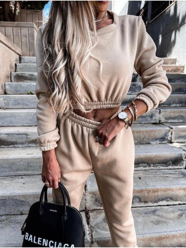 Long Sleeve Round Neck Midriff Outfit Top Sports Pocket Trousers