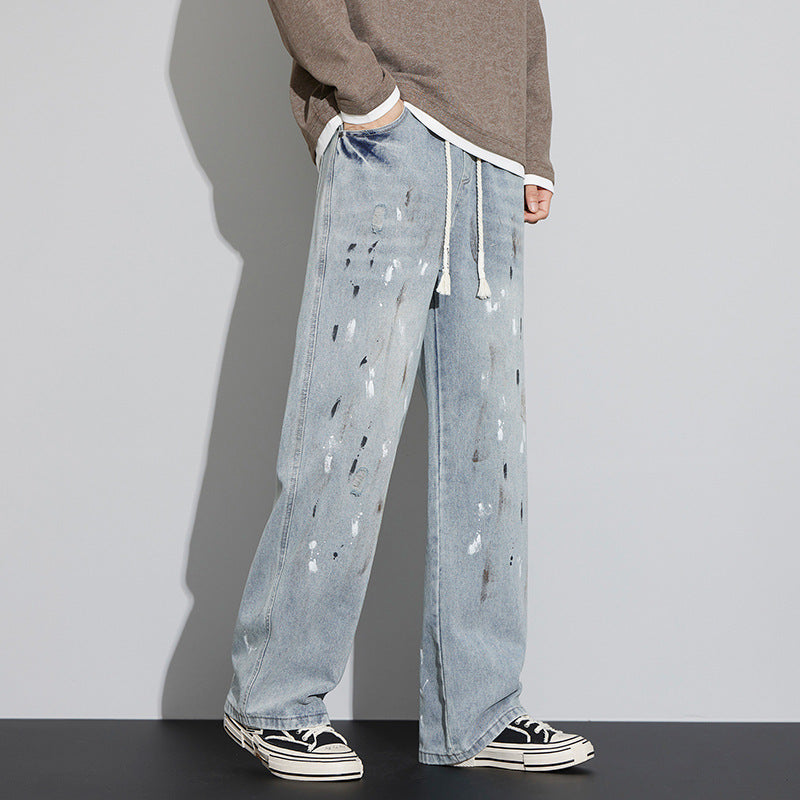 Blue Jeans Men's Graffiti Retro Distressed Ruffle Handsome Pants