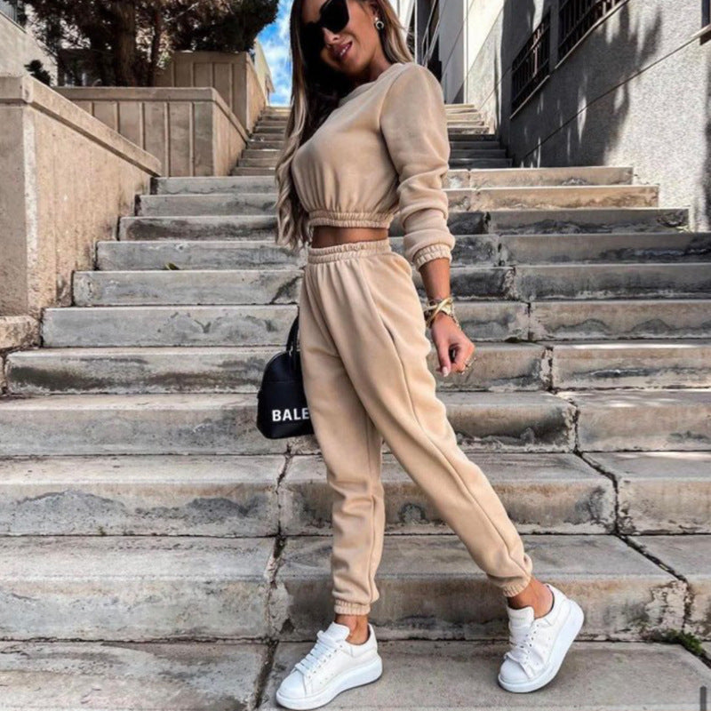 Long Sleeve Round Neck Midriff Outfit Top Sports Pocket Trousers