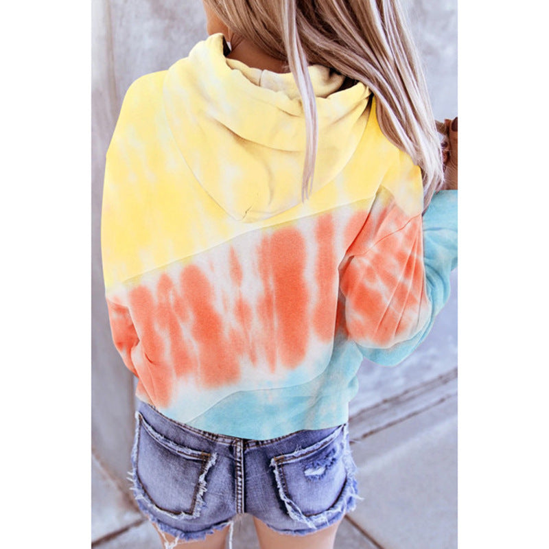 Women Long Sleeve Stitching Hooded Printed Sweatshirt