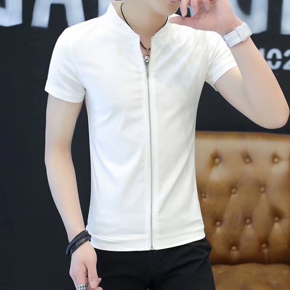 Men's Short Sleeve Stand Collar Shirt Teenagers Slim-fit Cardigan
