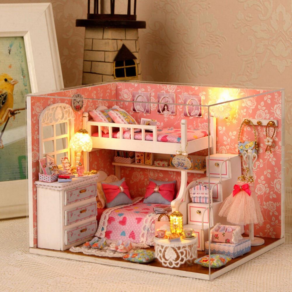 1 Unidades Artesanía BRICOLAJE para Niños Juguetes Sueño Ángulo de Miniaturas de Muñecas Hechas A Mano Modelo de Ensamblaje De Madera Con Muebles Regalo de La Muchacha