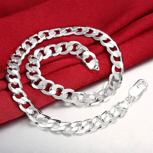 Classic Men 12mm Chain 925 Sterling Silver Bracelets Necklace Jewelry Set 18-30 Inches Charm Fine Fashion Party Wedding Gift
