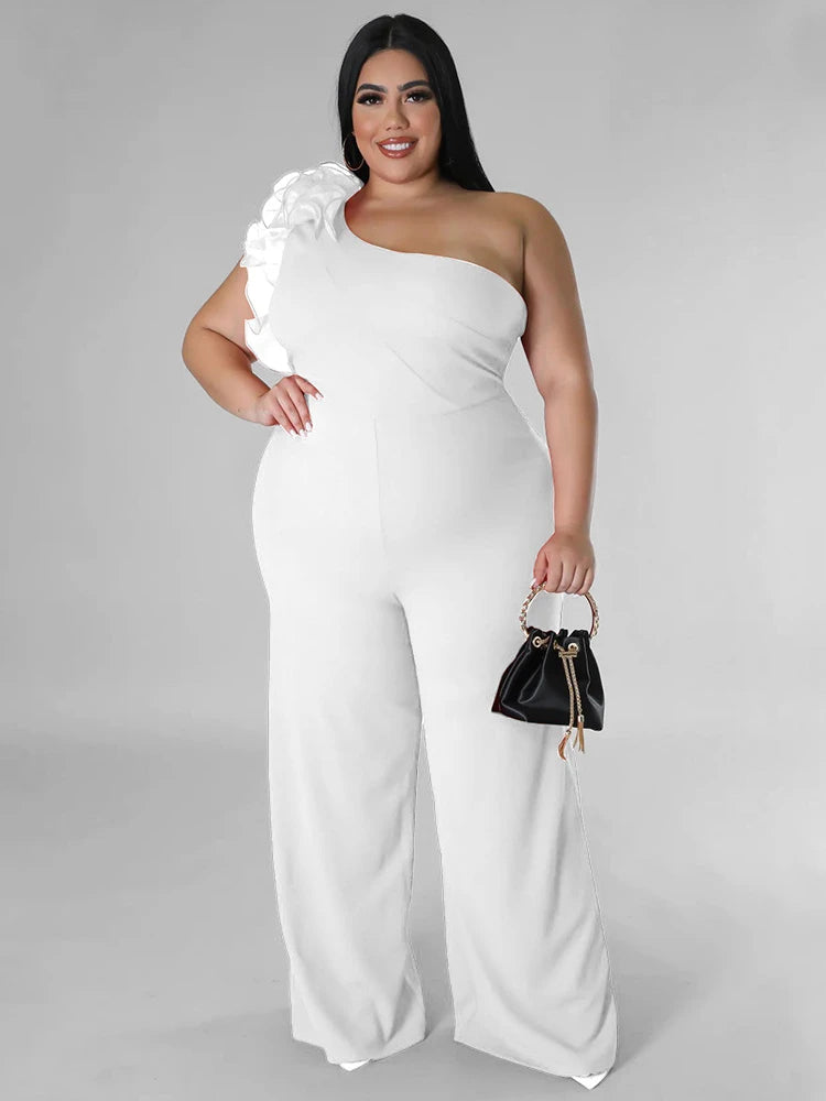 Plus Size Jumpsuits One Shoulder High Waist Ruffles Evening Party Overalls Wide Leg Pants 3XL 4XL One Piece Outfits for Women