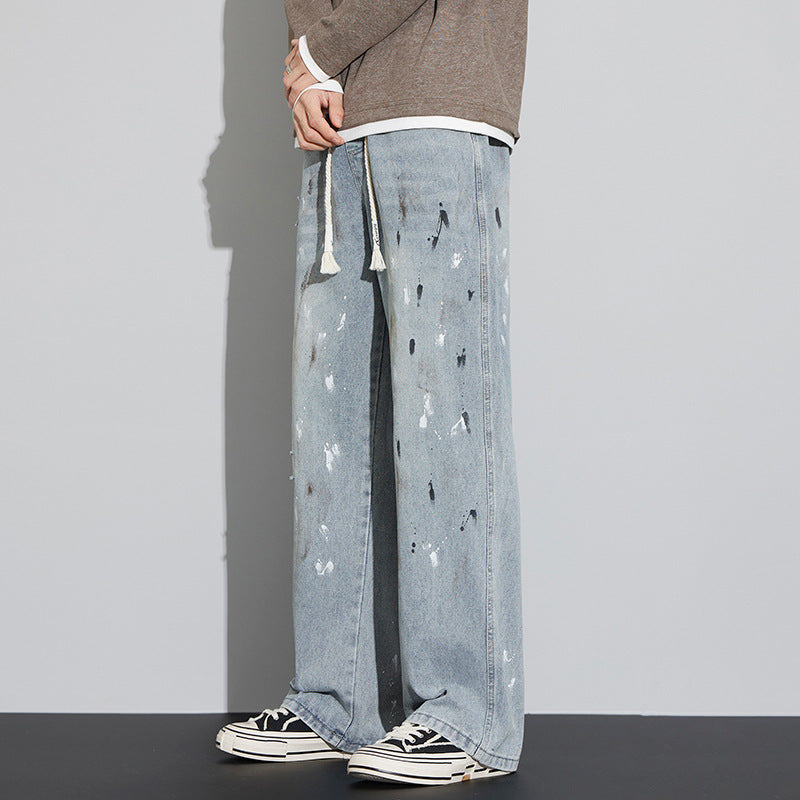 Blue Jeans Men's Graffiti Retro Distressed Ruffle Handsome Pants