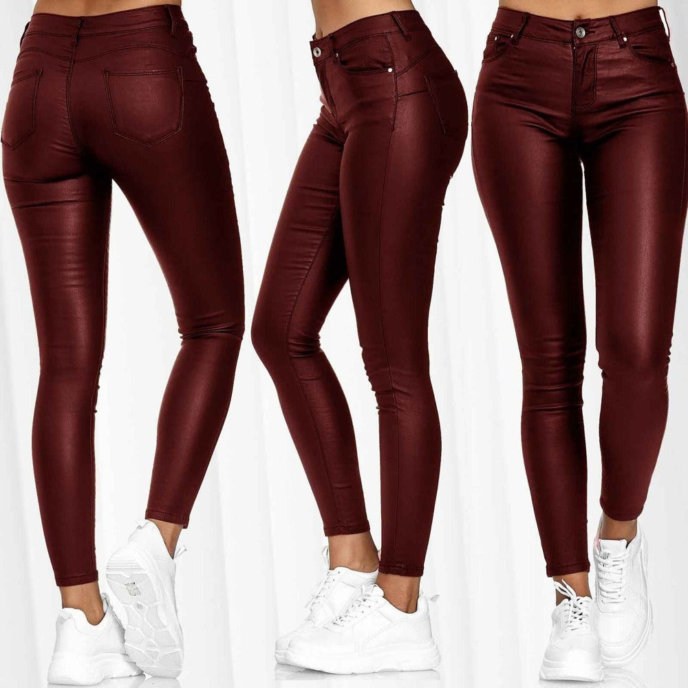 High Waist Solid Leather Casual Pants  Women