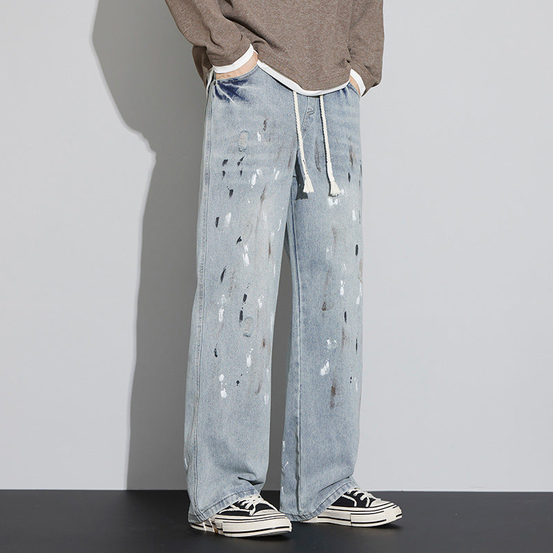 Blue Jeans Men's Graffiti Retro Distressed Ruffle Handsome Pants
