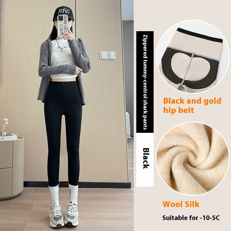 Belly-controlling Butt Lifting Leggings With Three-breasted Design Winter High Waist Slim Zippere Pants Warm Velvet And Thickened Trousers For Women