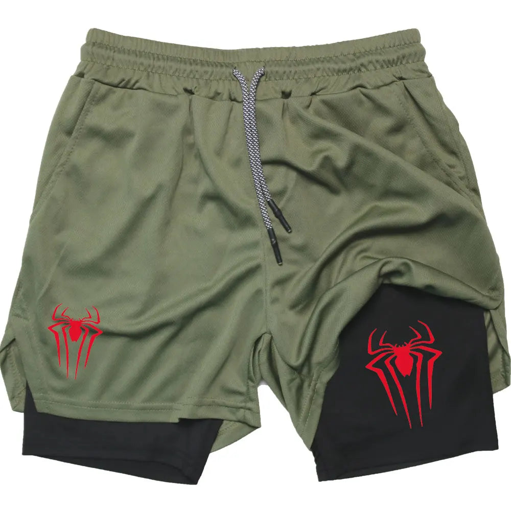 Y2K Performance Shorts Men Spider Printed GYM Casual Sports Compression Shorts Workout Running Mesh 2 In 1 Sport Short Pants