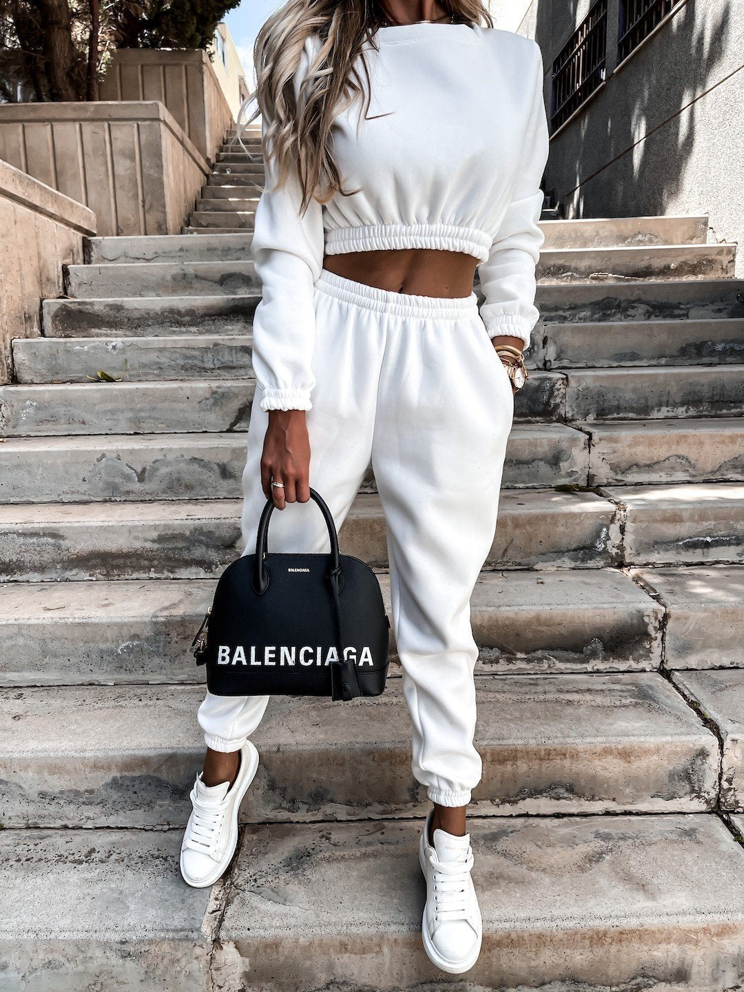 Long Sleeve Round Neck Midriff Outfit Top Sports Pocket Trousers
