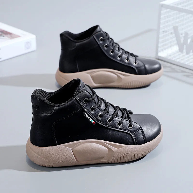 Platform Heels Casual Sport Women Shoes Flats Running Pu Leather Sneakers Woman Autumn New Thick Lace Up Mujer Zapatos 2022 Cozy