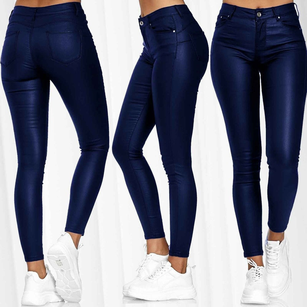 High Waist Solid Leather Casual Pants  Women