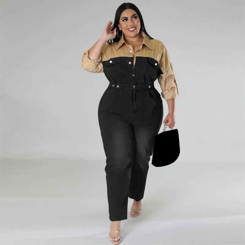WUHE Patchwork Denim Jumpsuit Plus Size Women Long Sleeve Elegant Packets One Piece Overall Jeans Romper Casual Street Outfit