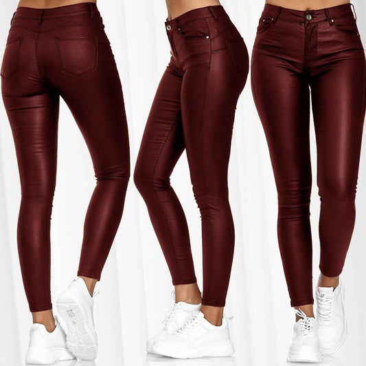 High Waist Solid Leather Casual Pants  Women