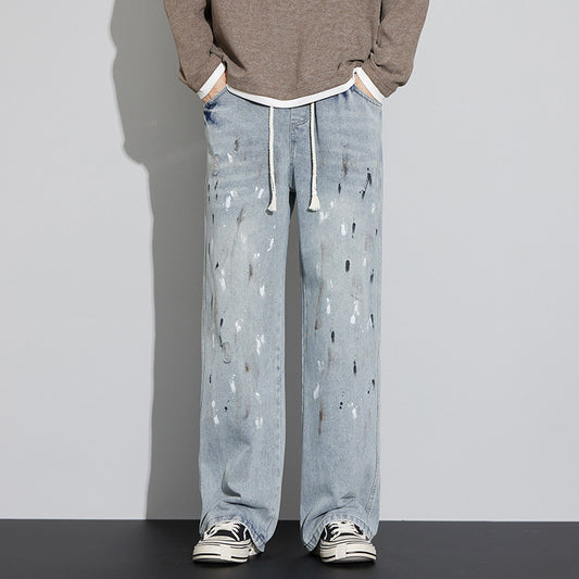 Blue Jeans Men's Graffiti Retro Distressed Ruffle Handsome Pants