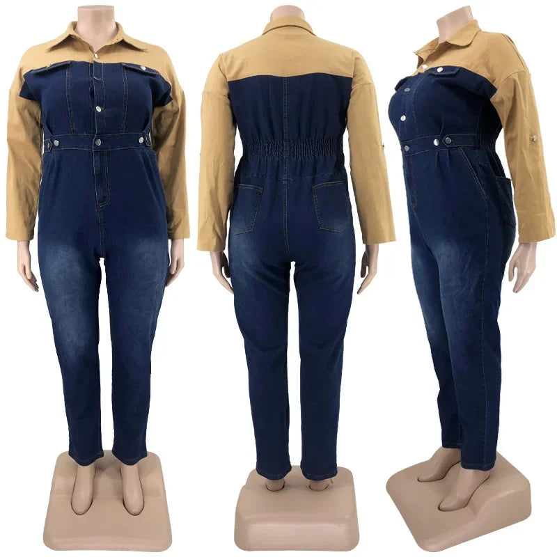 WUHE Patchwork Denim Jumpsuit Plus Size Women Long Sleeve Elegant Packets One Piece Overall Jeans Romper Casual Street Outfit