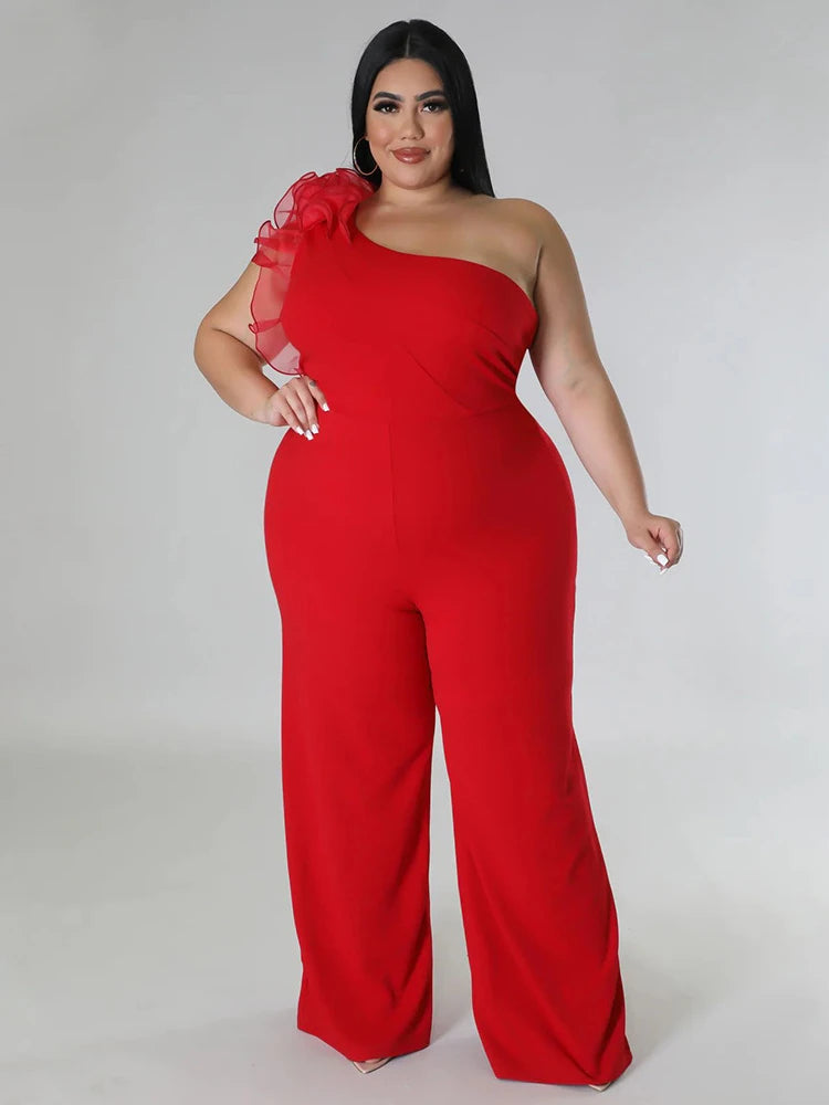Plus Size Jumpsuits One Shoulder High Waist Ruffles Evening Party Overalls Wide Leg Pants 3XL 4XL One Piece Outfits for Women