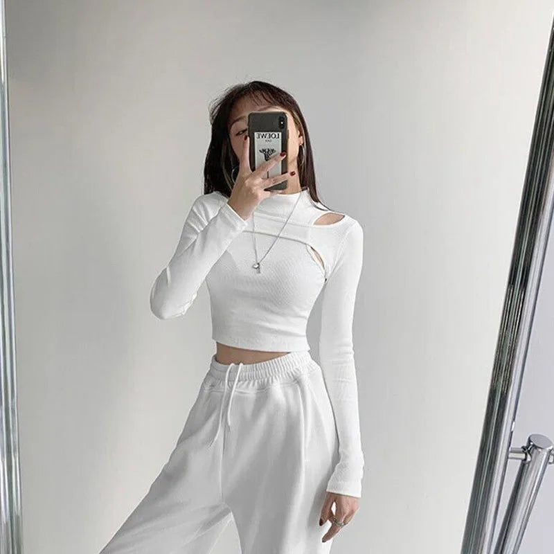 Hollow Knitted Crop Tops Women New Fitness Fake Two-piece T-shirt Female Black White Long Sleeve Tops