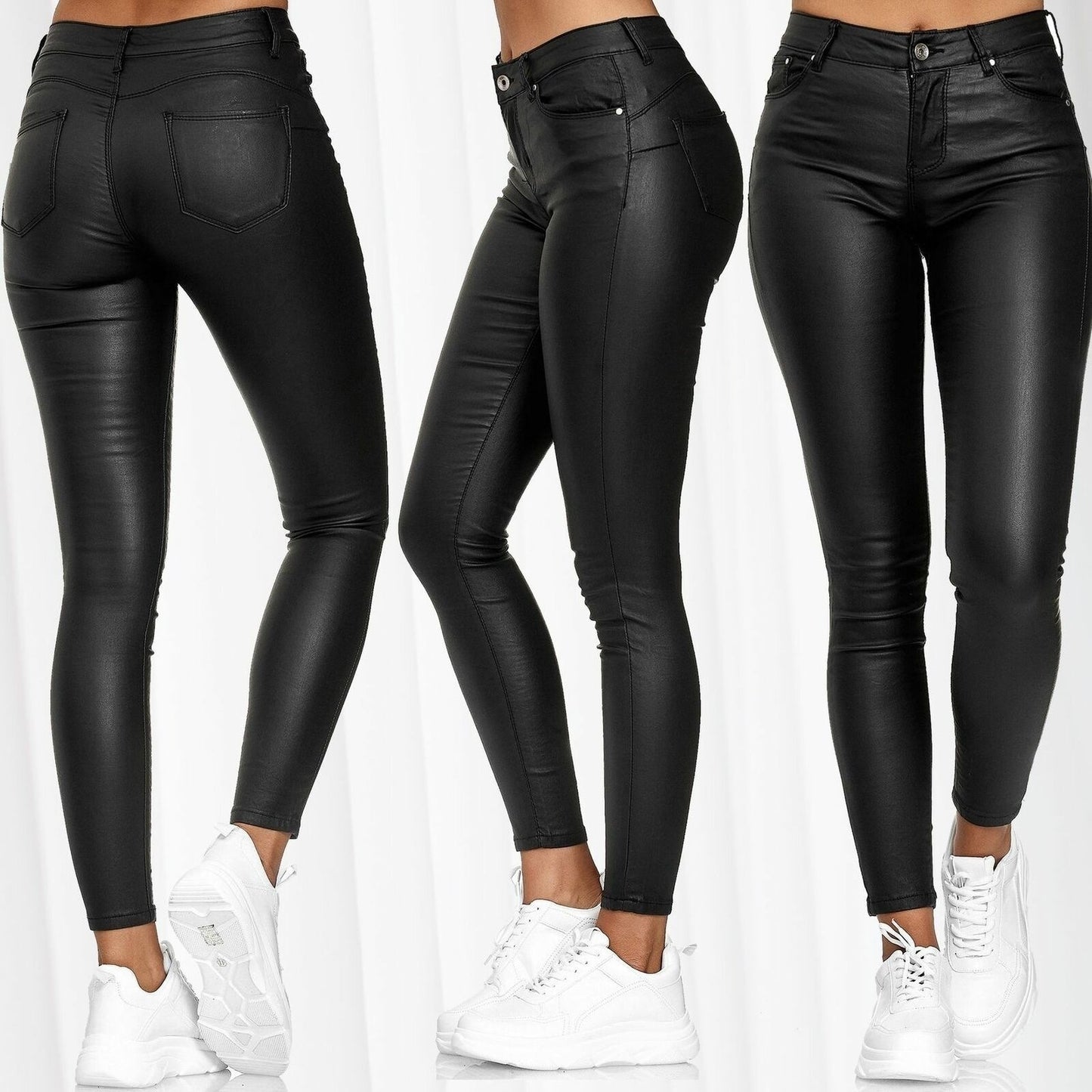 High Waist Solid Leather Casual Pants  Women