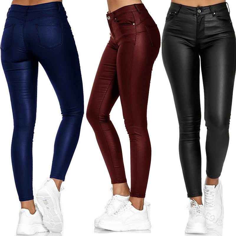 High Waist Solid Leather Casual Pants  Women