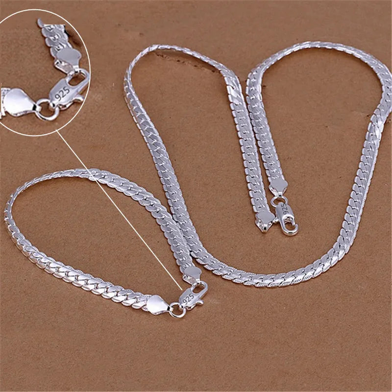 925 Sterling Silver Christmas Gifts European Style Retro 6MM Flat Chain Necklace Bracelets Fashion For Man Women Jewelry Sets