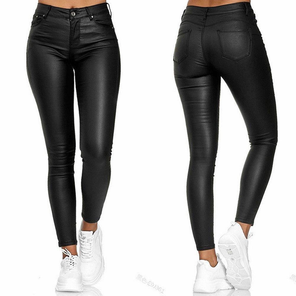 High Waist Solid Leather Casual Pants  Women