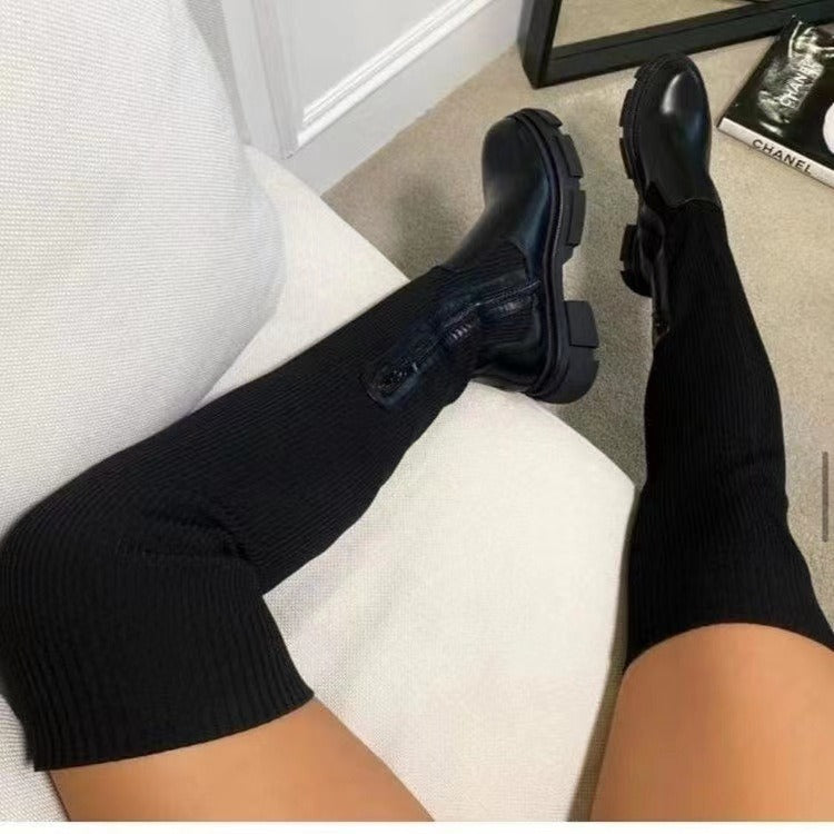 Cotton Boots Autumn and Winter Leather Knitted