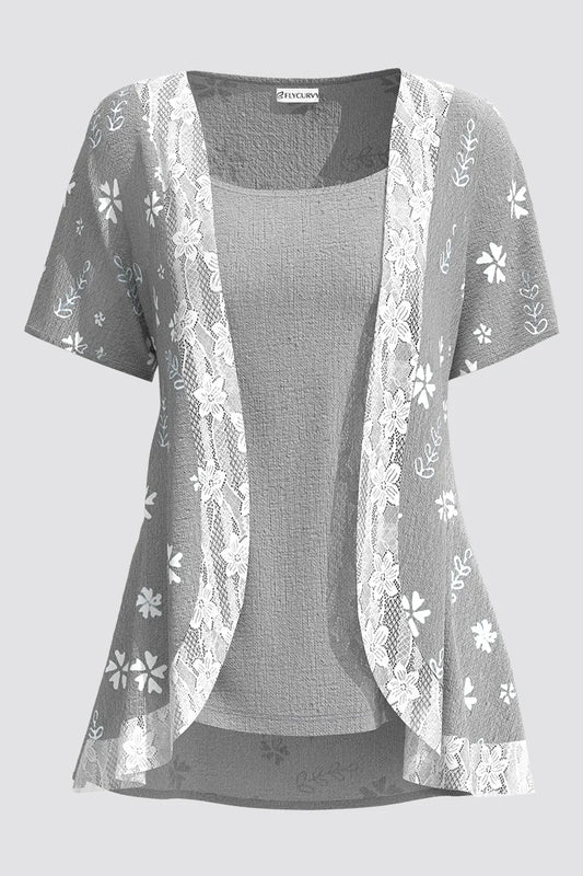 Flycurvy Plus Size Summer Casual Grey Linen Floral Print Lace Stitching Outer Shirt with Vest Two Pieces Blouse