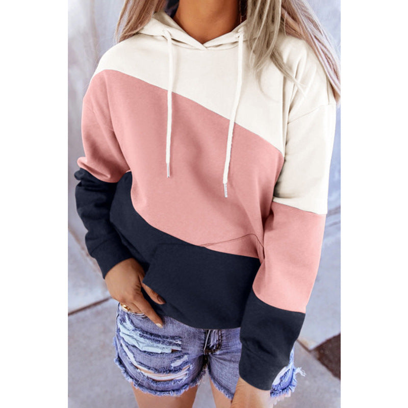 Women Long Sleeve Stitching Hooded Printed Sweatshirt