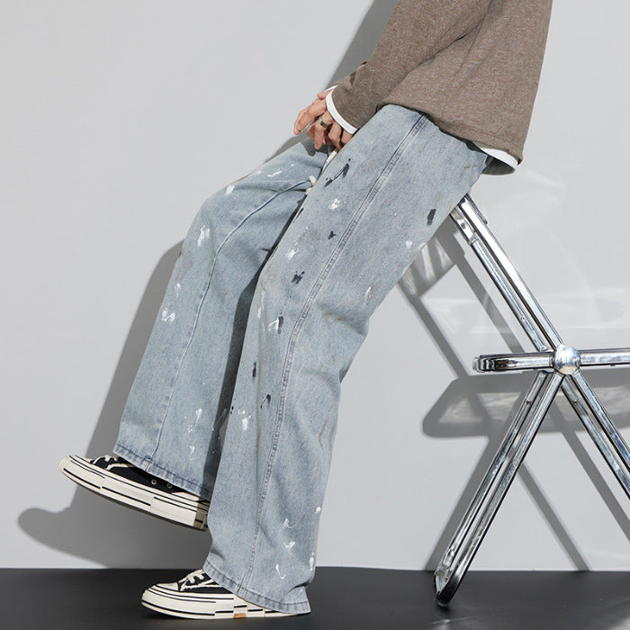 Blue Jeans Men's Graffiti Retro Distressed Ruffle Handsome Pants
