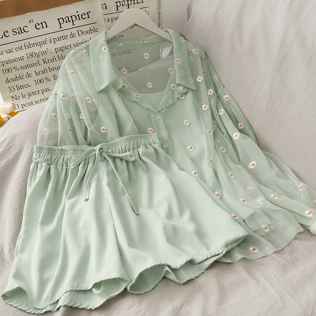 Summer Women Three Piece Sets Casual Linen Tops Shorts Ela