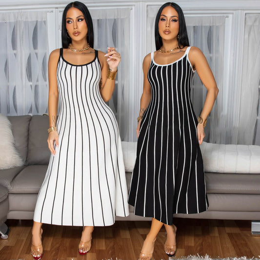 Retro Spaghetti Straps Striped Stitching Dress