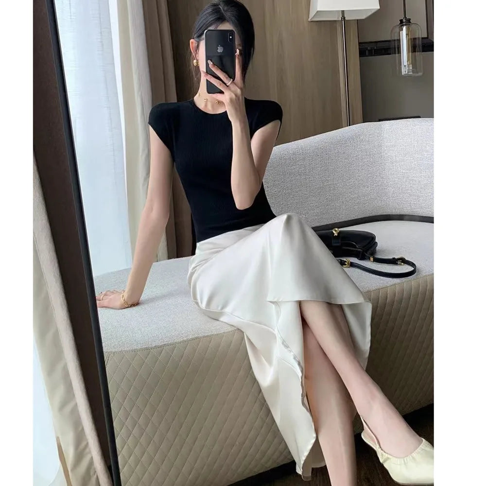 Women's Fashion French Acetate Satin Hip Wrapping Half Fish Tail Skirt Spring And Autumn Medium Long Style Alternative Clothing