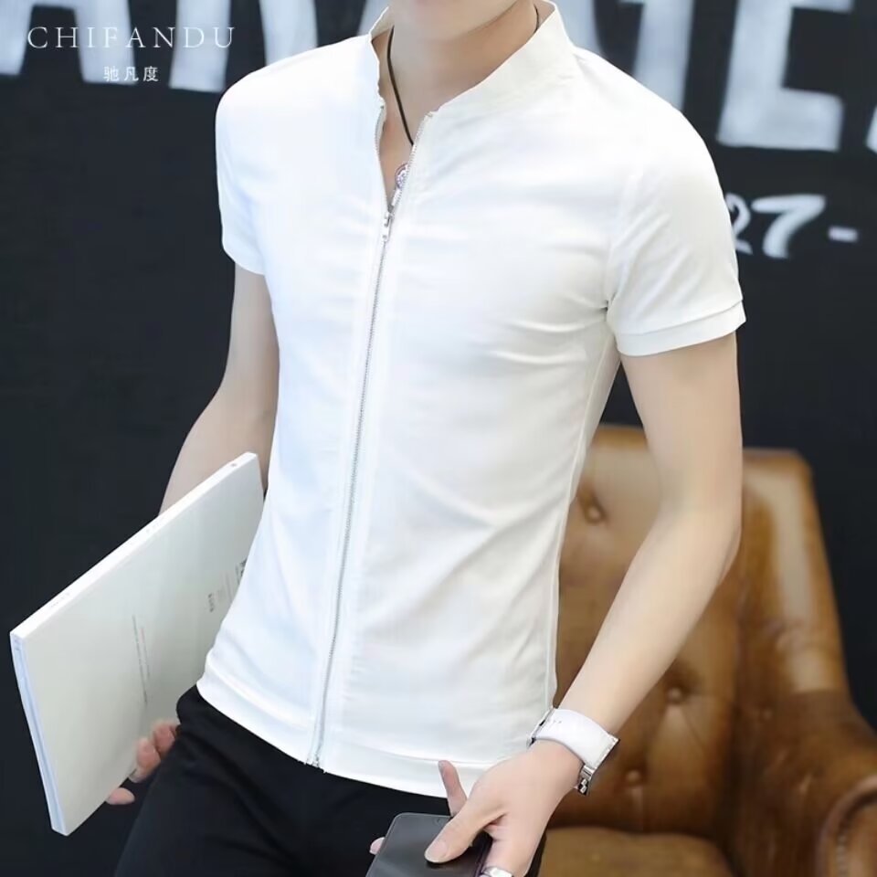 Men's Short Sleeve Stand Collar Shirt Teenagers Slim-fit Cardigan