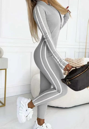 Autumn And Winter Women's Slim Striped Half Zipper Jumpsuit
