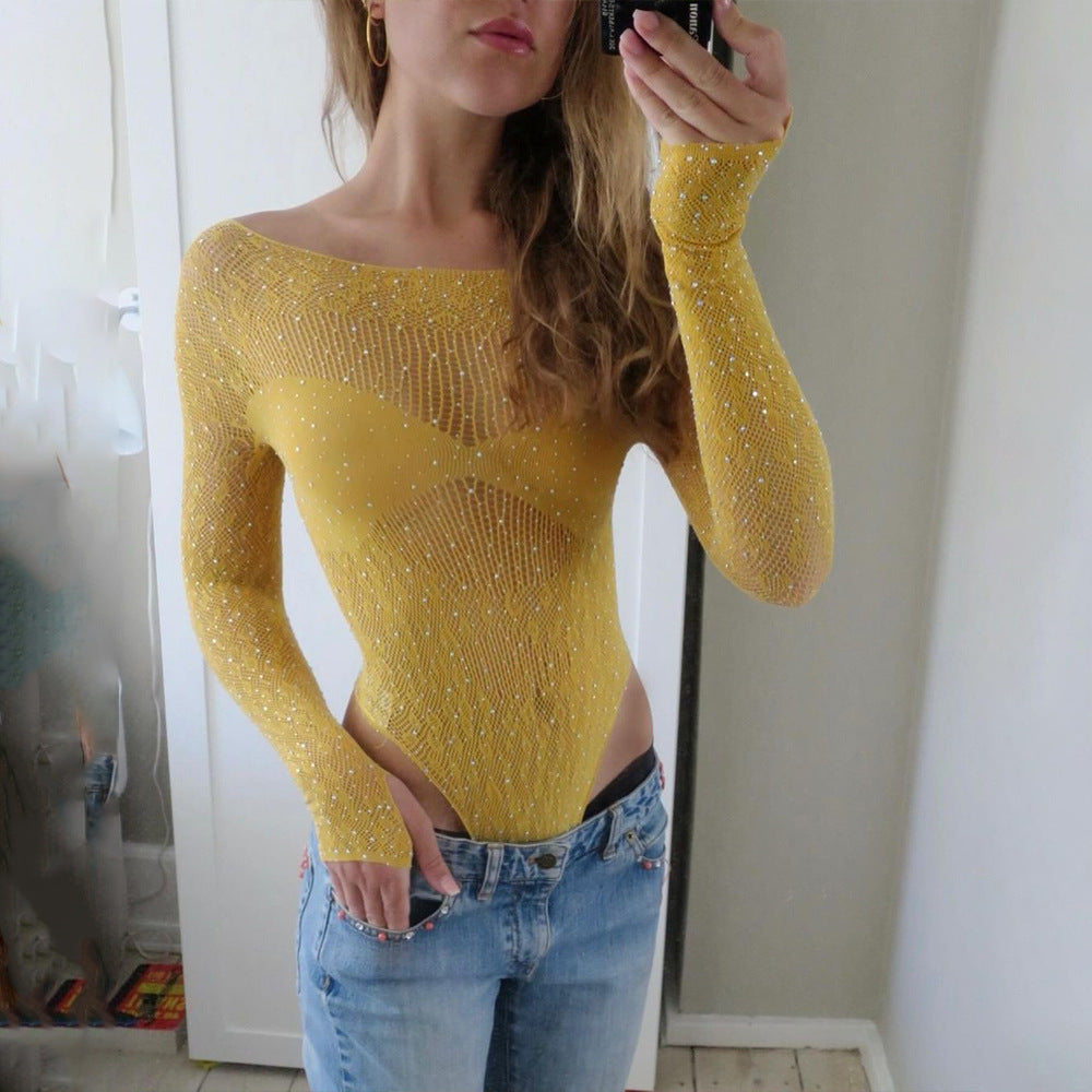 Jumpsuit Tight High Elastic Knitted Sheer Long Sleeve