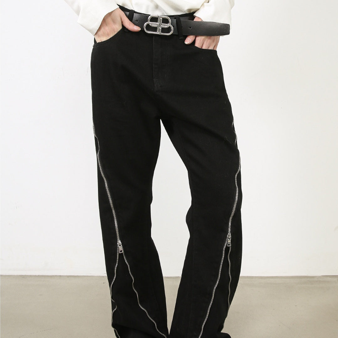 Street Dark Loose Slightly Flared Jeans Zipper Design Men's Pants